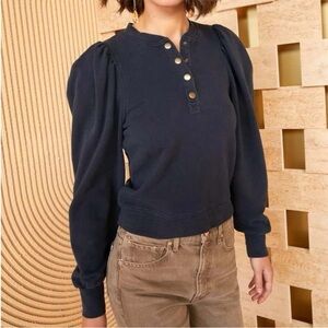 Ulla Johnson Navy Puff Sleeve Henley Sweatshirt